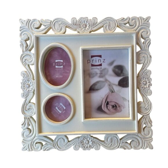 Prinz Vintage? Hard Plastic 3 Photo Picture Frame Ivory. 4x6', 2.5x3.5', 2.5x2.5 - Picture 1 of 13